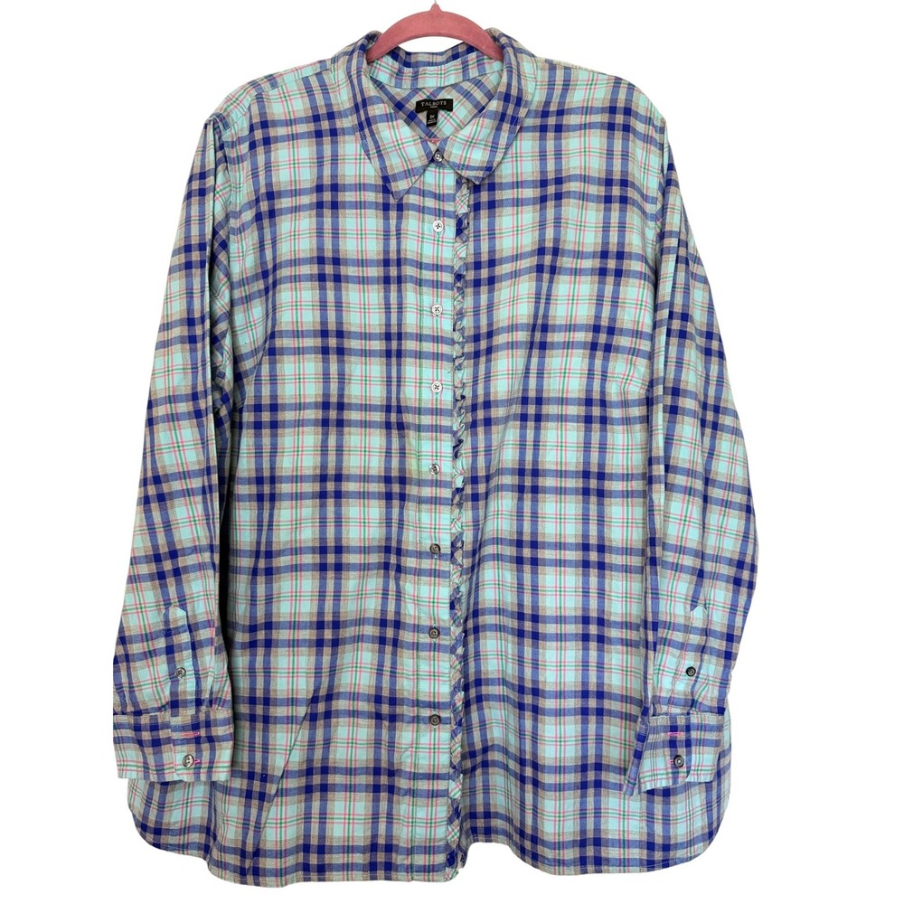 Talbots Tartan Blue Plaid Flannel Soft Cotton Button Down Top Women's Size 3X